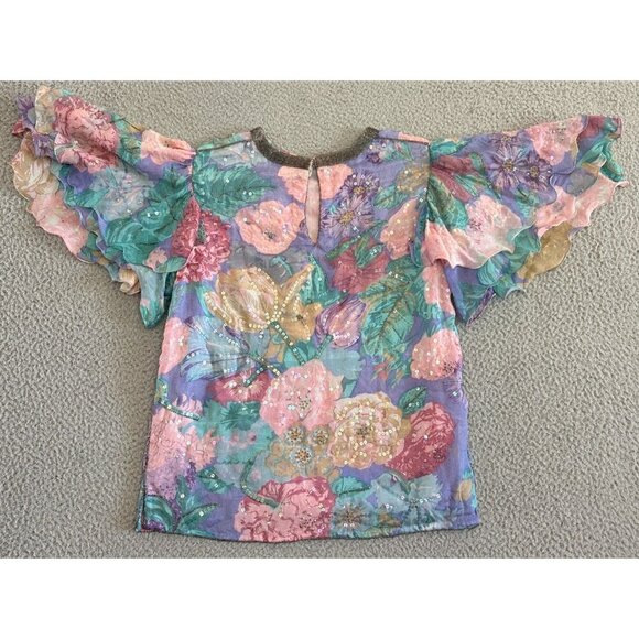 Vintage Judith Ann Creations Silk Beaded Blouse Sequin Pastels Flutter - Picture 2 of 16